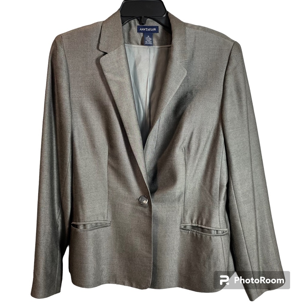Ann Taylor Blazer One Button Grey Stretch Wool Blend Office Size 10 Gently Worn